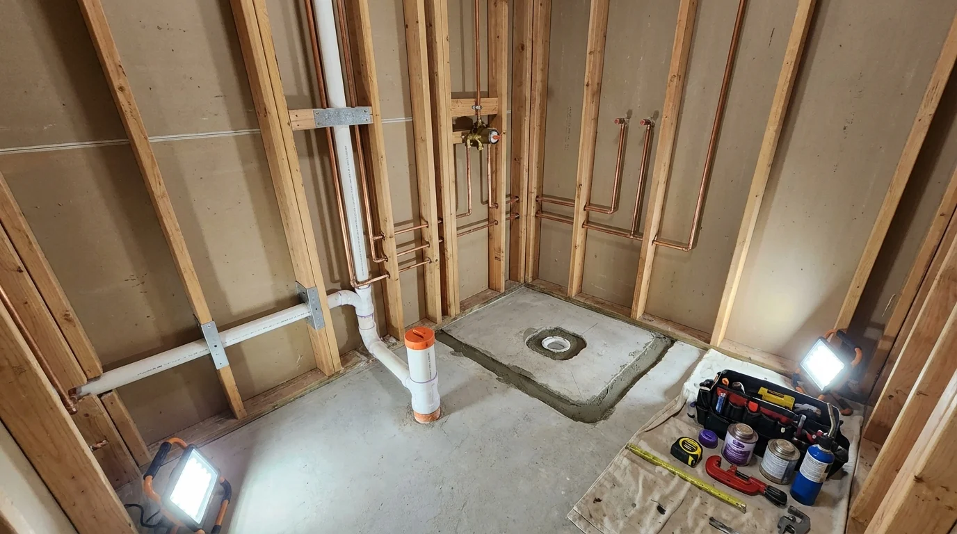 Bathroom rough-in plumbing during remodel by Johns Plumbing LLC in Hoschton