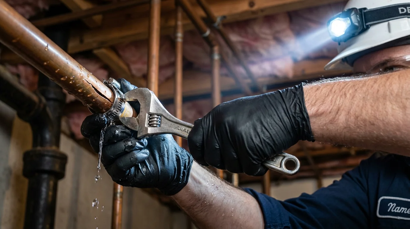 Emergency pipe clamp repair being performed by a Johns Plumbing LLC plumber in Hoschton