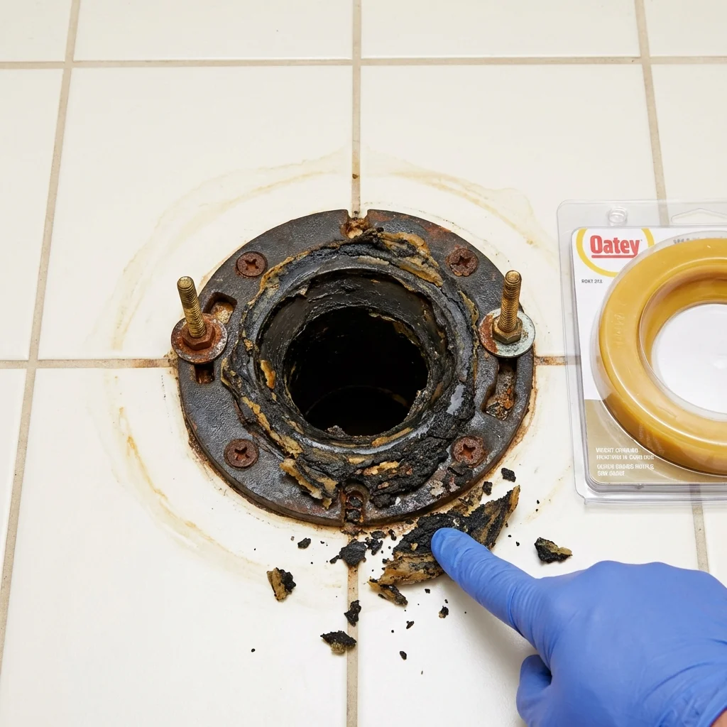 Failed wax ring showing water seepage at the base of a toilet in a Hoschton, GA home