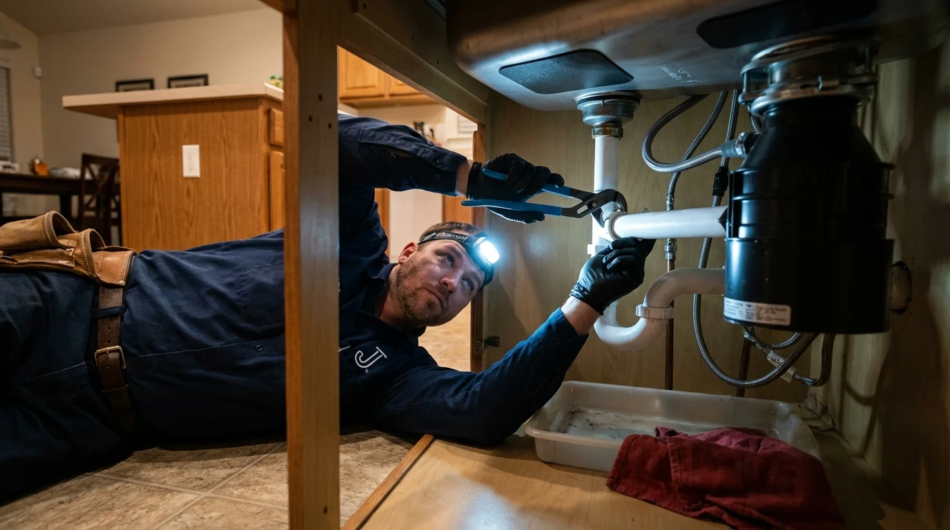 P-trap and supply line connections under a kitchen sink showing a common leak point in Hoschton, GA